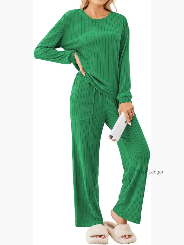 Ribbed Knit Pajama Set Long Sleeve 2 Piece Lounge Wear With Pockets